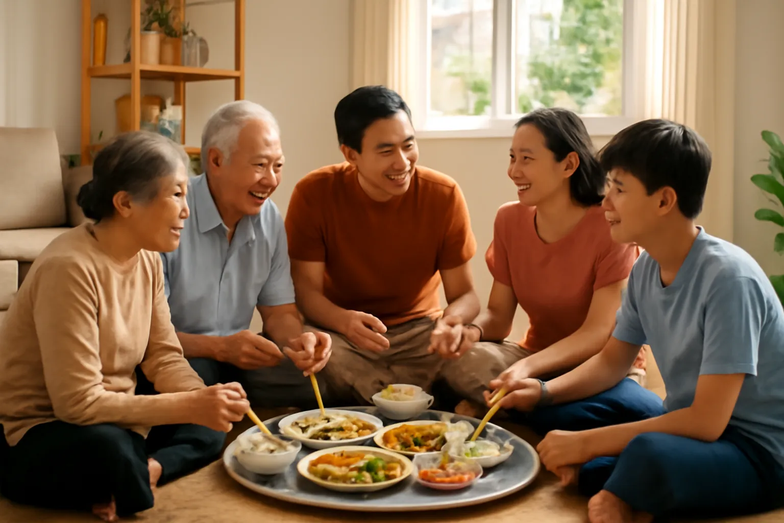 Gia đình ba thế hệ quây quần ăn cơm quanh mâm trong nhà phố