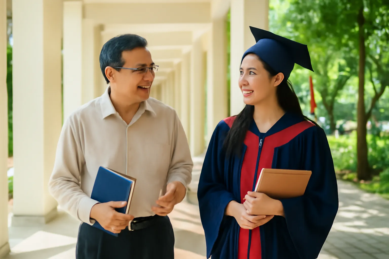 Thầy và trò đi bộ trò chuyện dọc hành lang giảng đường đầy nắng