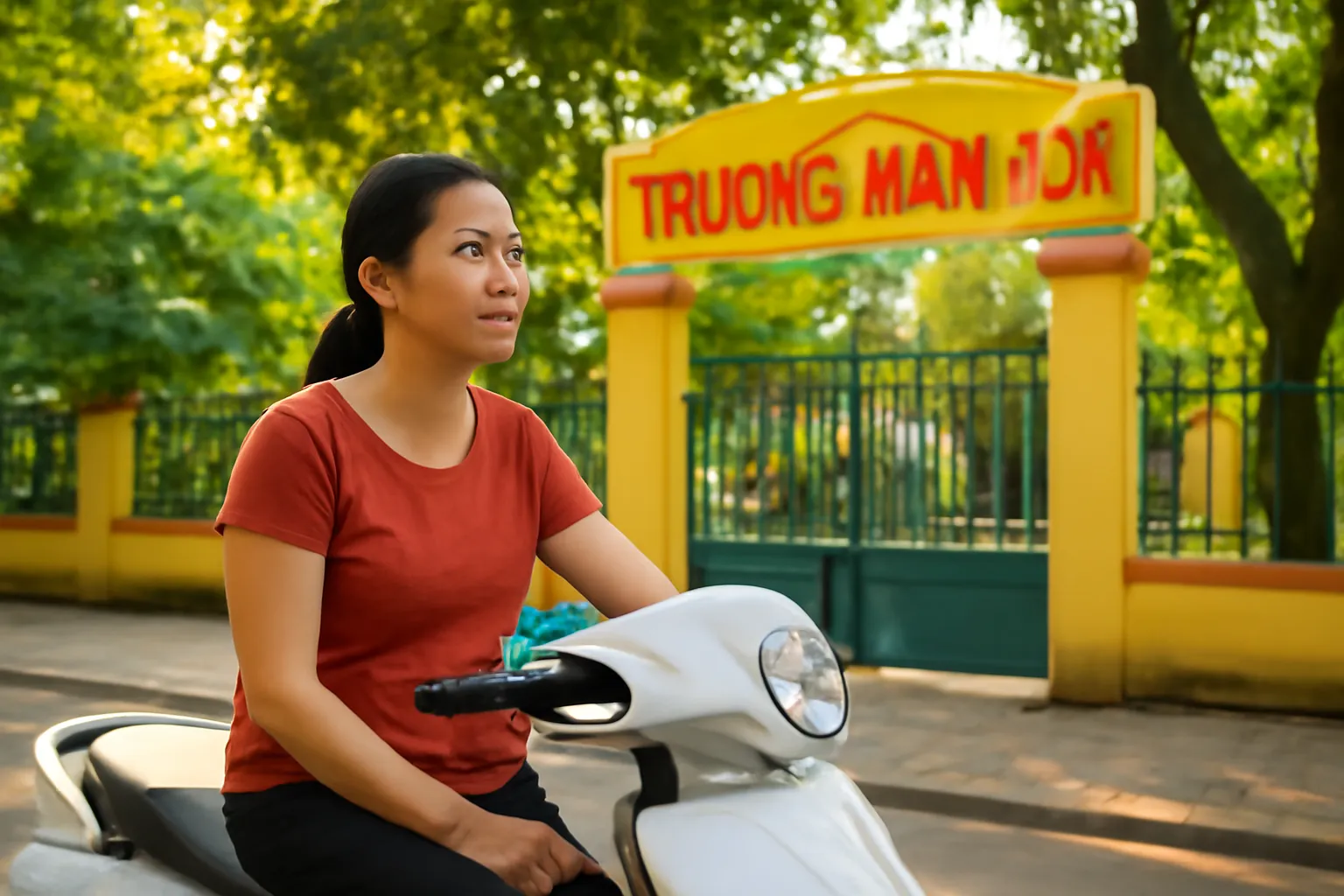 Người mẹ ngồi xe máy trước cổng trường chờ đón con buổi chiều