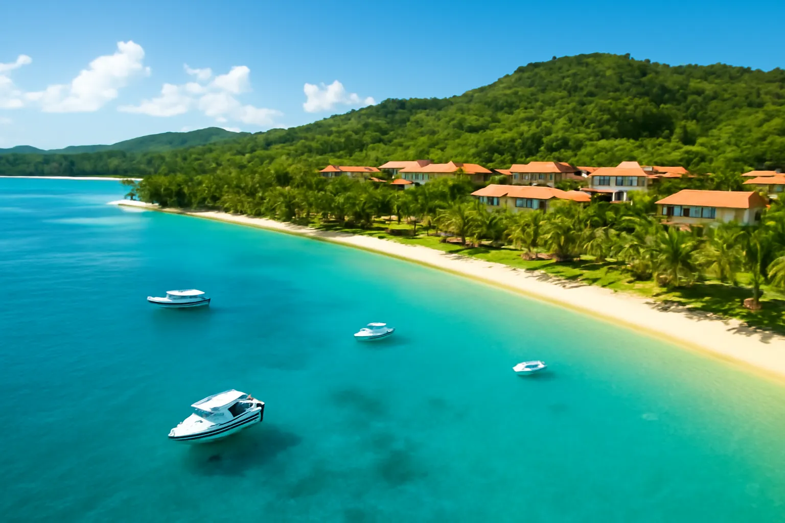 Bãi biển Caribe nước xanh với khu nghỉ dưỡng thấp tầng nhìn từ xa