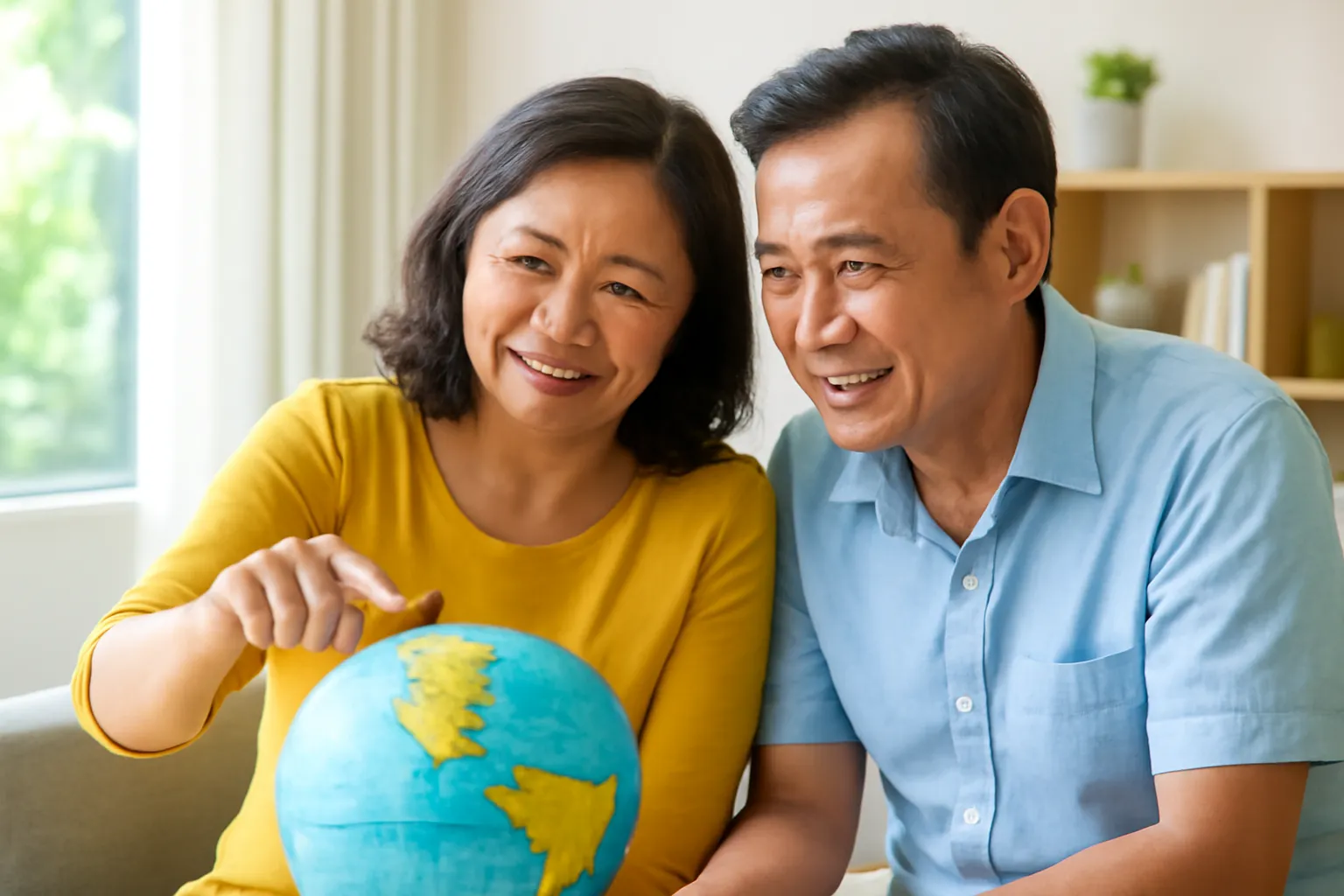 Vợ chồng trung niên cùng xem quả địa cầu trong phòng khách nhiều nắng
