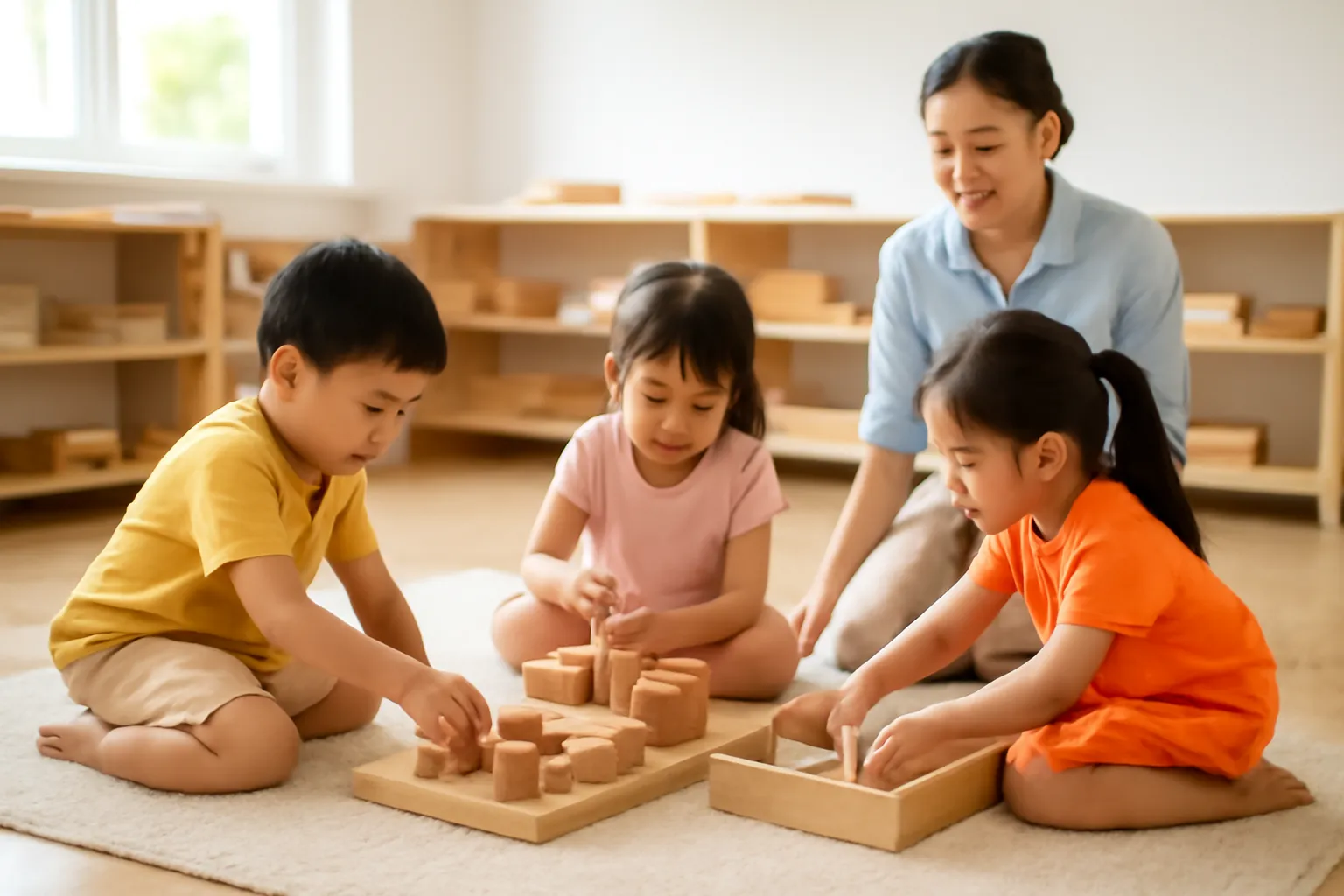 Trẻ nhỏ xếp khối gỗ trên thảm trong lớp học sáng