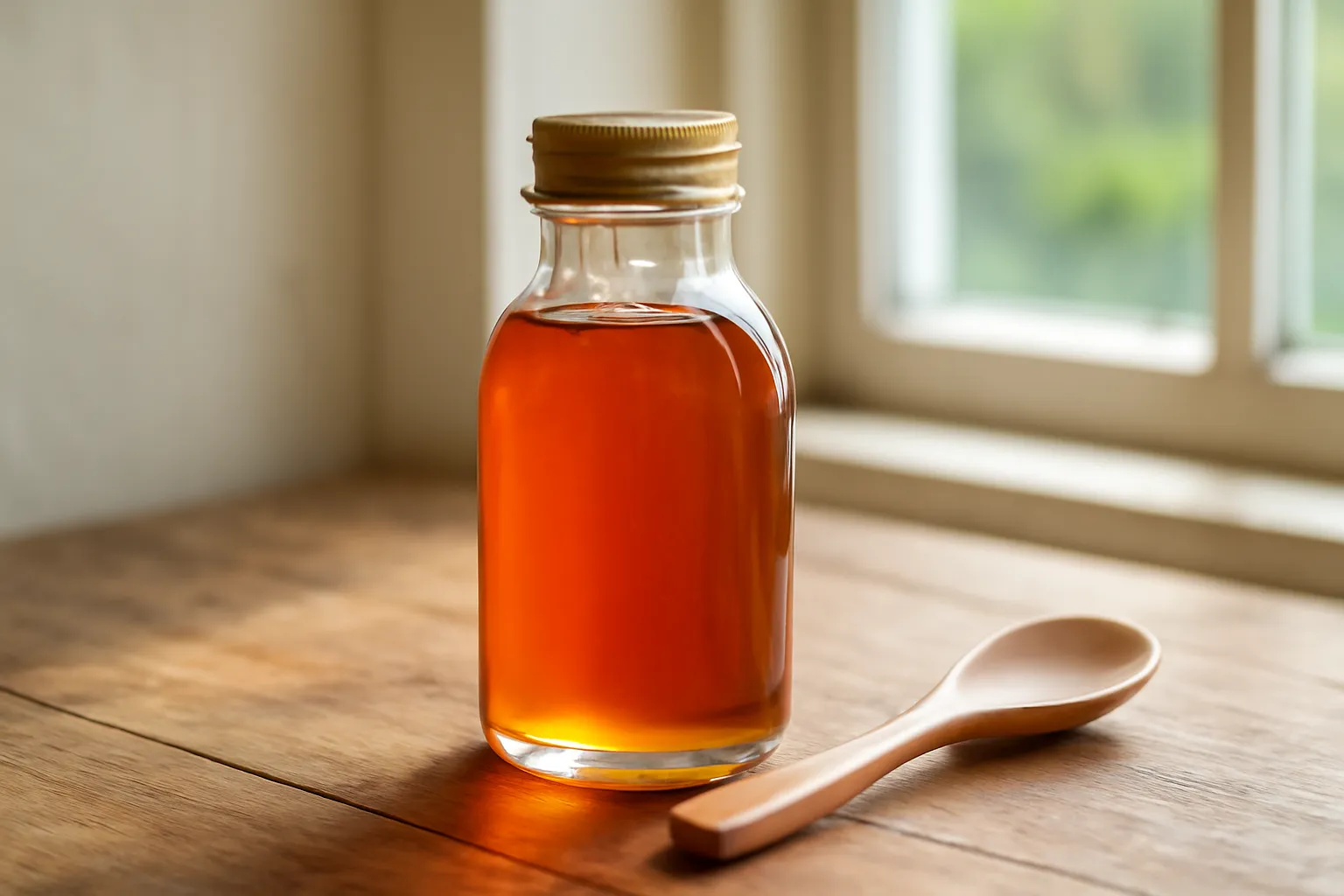 Chai mật sẫm màu đặt trên bàn gỗ cạnh cửa sổ, không có nhãn
