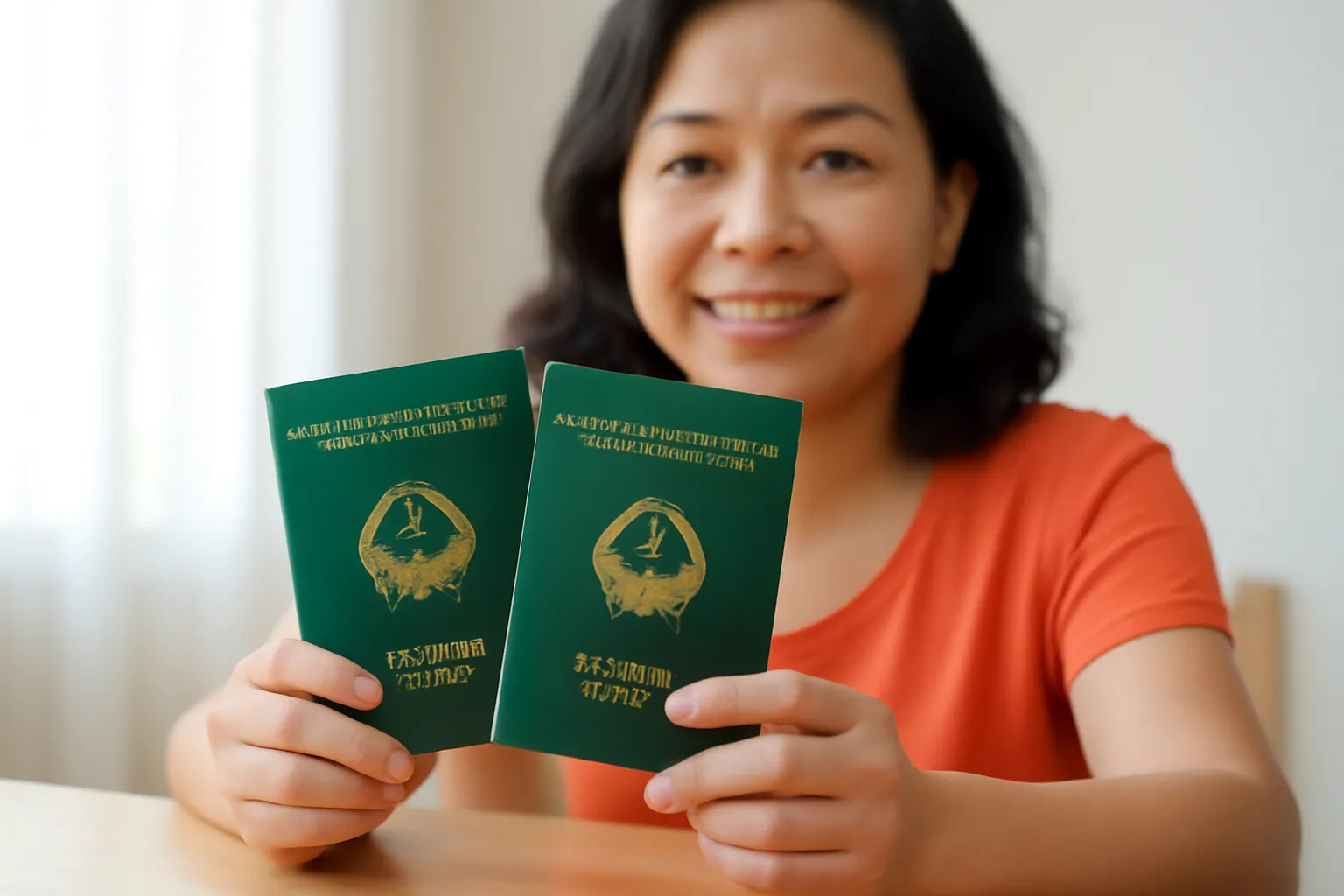 Người phụ nữ cầm hai cuốn hộ chiếu bên bàn gỗ sáng, chữ in mờ